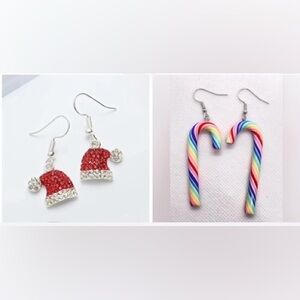 2 Pair! Christmas Earrings! Rhinestone Santa Cap & Rainbow Stripe Candy Canes!